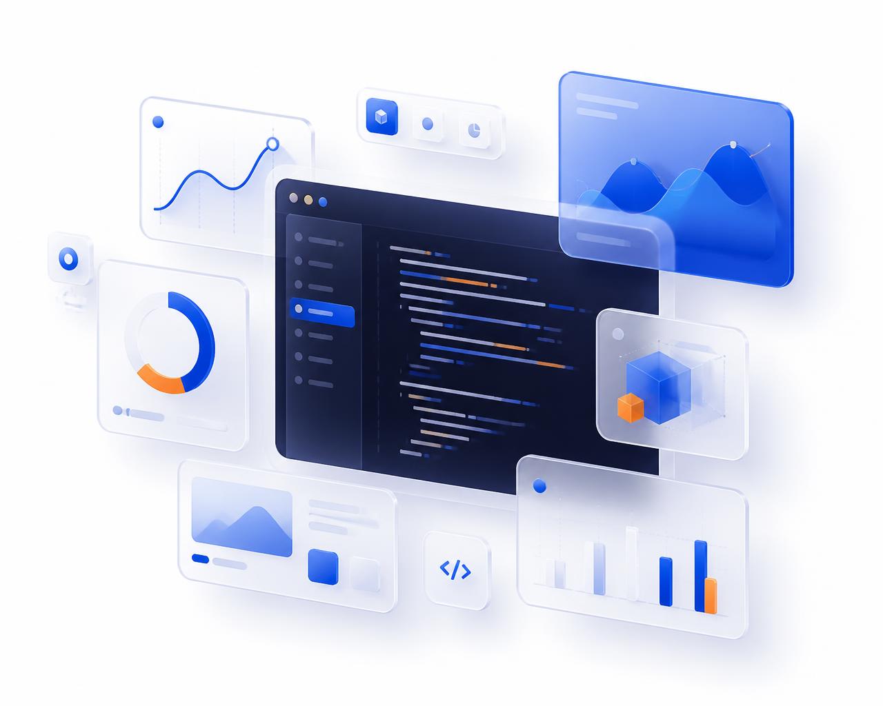 Painel de desenvolvimento web com gráficos de marketing digital e editor de código